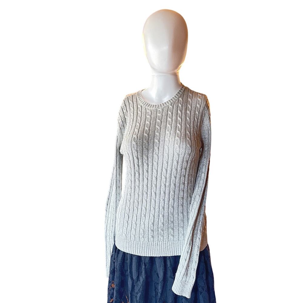 Lauren Ralph Lauren Metallic Cable Knit Sweater Women’s Medium Silver Silk Blend